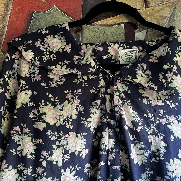 Vintage Cotton Floral Laura Ashley Midi Dress Sailor's Collar in Navy and Pink - Picture 7 of 11